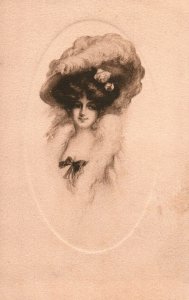 VINTAGE POSTCARD ENGRAVING WOMAN IN-PERIOD DRESS AND EXTRAVAGANT HAT (1907-1915)