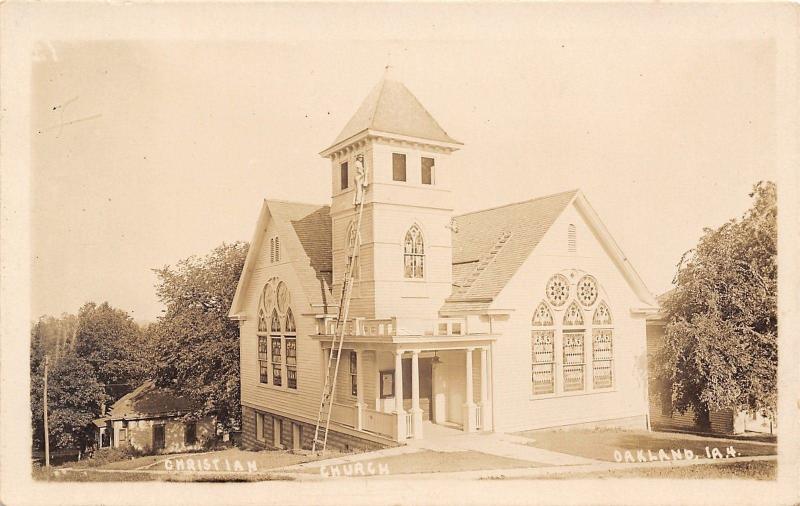 Oakland IA~Christian Church~Man on 30-Foot Ladder~Tower Windows~1915 RPPC 