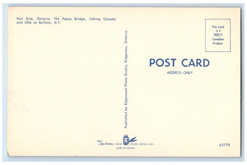 c1950's Peace Bridge, Fort Erie Ontario Linkling Canada and US Postcard