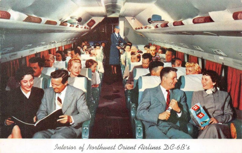 INTERIOR OF NORTHWEST ORIENT AIRLINES DC-6B'S AVIATION ADV POSTCARD (c. 1940s)