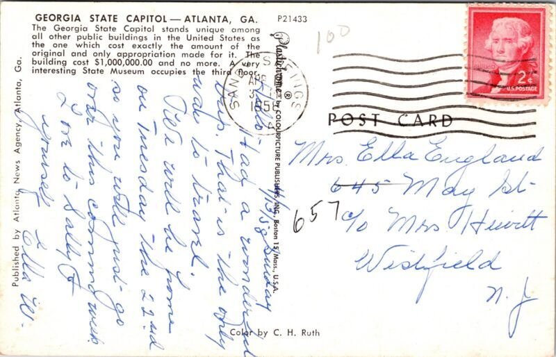 Georgia State Capitol Atlanta GA Air View Postcard PM Sandy Springs GA Cancel