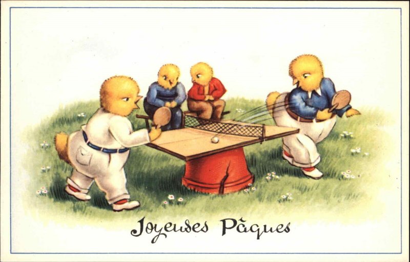 Easter Fantasy Chicks Playing Ping Pong Table Tennis Belgian Postcard