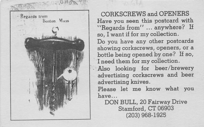 Stamford Connecticut-Boston Massachusetts~Corkscrews & Openers Regards From Pc