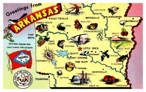 Postcard MAP Aarkansas -Greetings from Arkansas - state flower flag seal