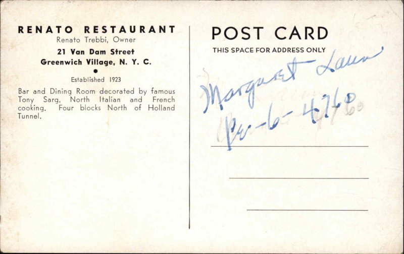 Greenwich Village New York City Renato's Restaurant Interior Postcard