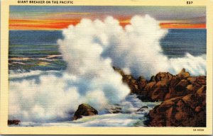 Vtg 1930s Giant Breakers on the Pacific Ocean Unused Linen Postcard