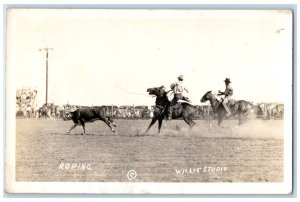 c1930's Rodeo Bull Roping Cowboy Horse Willis Studio RPPC Photo Postcard 