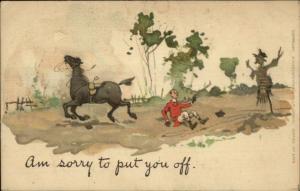 Horse Throws Man When Seeing Scarecrow c1910 Postcard