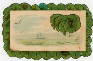 1870s Victorian Nautical Scene Steamship Peacock Feather Border #KT