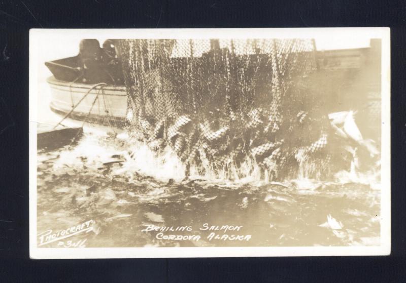 RPPC CORDOVA ALASKA BRAILING SALMON FISHING FISH REAL PHOTO POSTCARD 