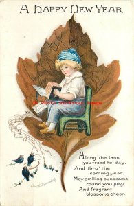 New Year, IAP No 1935-1, Ellen Clapsaddle, Autumn Leaf Frame, Boy & Accordian