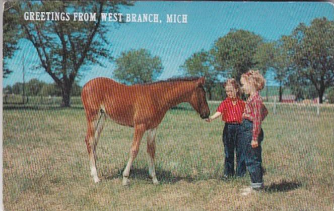 Michigan Greetings From West Branch Young Girls Feeding Young Horse