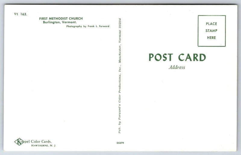 Burlington Vermont~First Methodist Church On Corner~Vintage Postcard