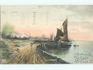 Pre-1907 OLD COUNTRY - SAILBOAT AT DOCK Haarlem Netherlands AD8604
