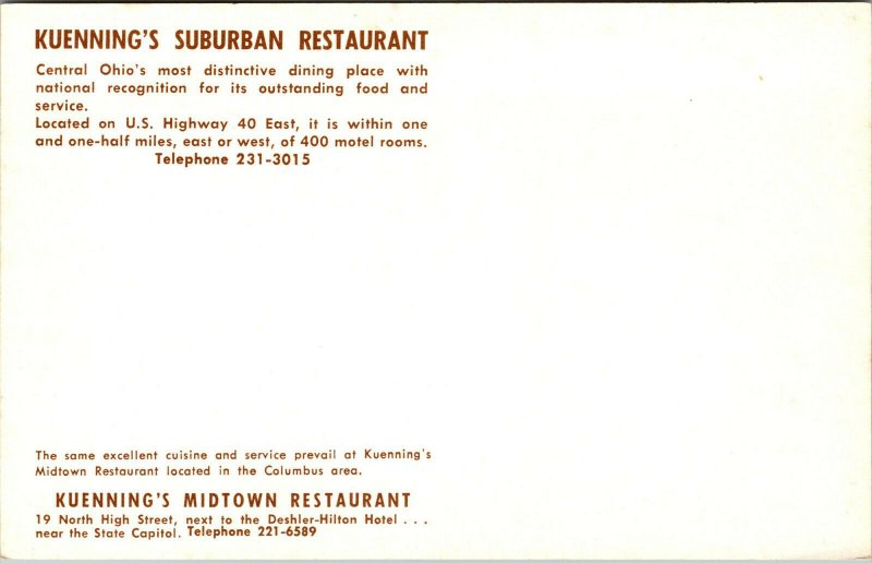 Vtg Kuenning's Suburban Restaurant Columbus Ohio OH Postcard 