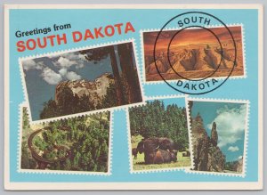 Greetings~South Dakota~Mt Rushmore~Badlands Natl Park~Plastichrome~c1981 CT PC