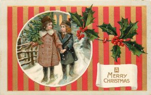 Embossed Postcard Vignette Children Merry Christmas Red & Gold Stripes Wallpaper