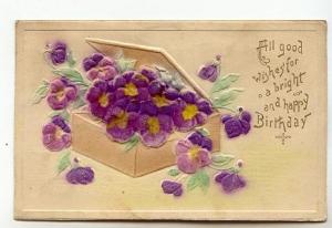 Happy Birthday, Silkscreened Felt Applique Purple Flowers,