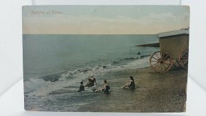 Vintage Postcard Bathing at Hove next to Mobile Bathing Hut Posted 1919