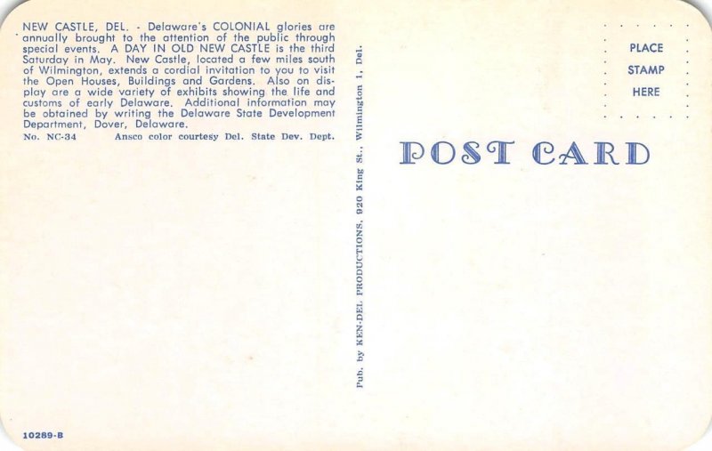 Historic New Castle, Delaware Colonial c1950s Chrome Vintage Postcard