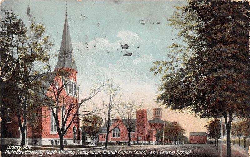 E10/ Sidney Ohio Postcard 1908 Main Street Presbyterian Baptist Church School