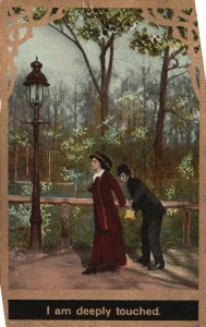 Vintage Postcard 1910's Lovers Couple At The Park I Am Deeply Touched Romance