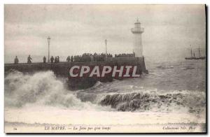 Old Postcard Lighthouse Le Havre The pier in stormy weather