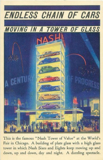 Chicago World's Fair Endless Chain of Cars Moving in a Tower of Glass  Postcard