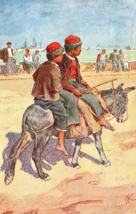 Vintage Postcard 1910's Painting Brothers Donkey Ride One Hot Sunny Day Beach