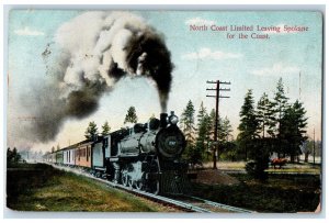 1911 North Coast Limited Locomotive Leaving Spokane Coast Washington WA Postcard