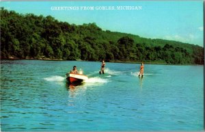 Greetings from Gobles MI Water Skiing Ski Boat Postcard R16