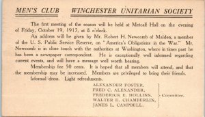 1917 Men's Club Winchester Unitarian Society WWI Advertising Postcard