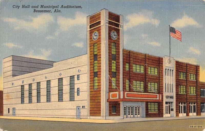 Bessemer Alabama City Hall Municipal Auditorium Antique Postcard K46805