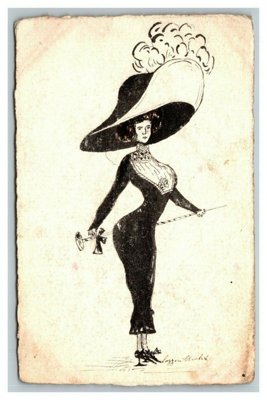 Vintage 1900's Comic Postcard Woman in Black Dress & Large Hat Caricature