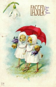 C.1910 Adorable Anthropomorphic Chicks Chickens Umbrella Bonnet Easter Postcard