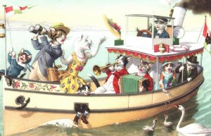 VINTAGE POSTCARD ANIMATED CHARACTER CATS - THE CRAZY BOAT CRUISE