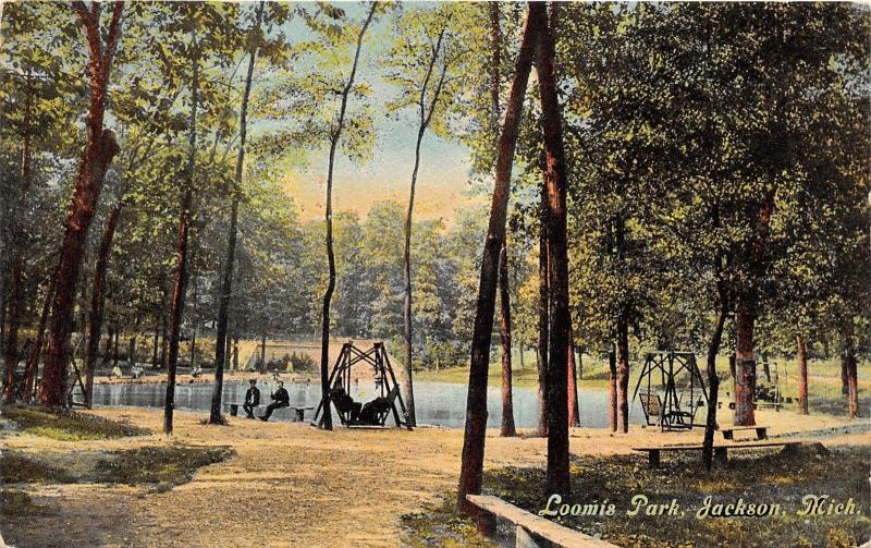 Jackson Michigan~Loomis Park Scene~Swings~Men on Bench by Pond~c1910 Postcard