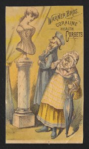 VICTORIAN TRADE CARD Warner Coraline Corset Wife Pulling Husband From Bust