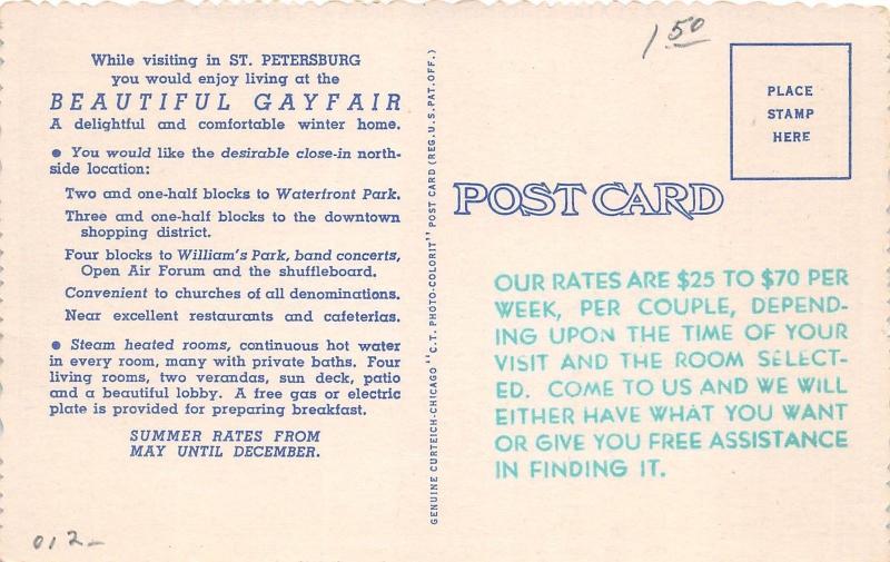 E18/ St Petersburg Florida Fl Postcard Linen Beautiful Gayfair Hotel Building