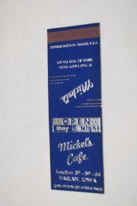 Mickel's Cafe Harlan Iowa 20 Strike Matchbook Cover