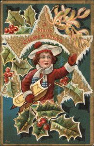 Christmas Little Boy with Sled Holly Mistletoe Border c1910 Vintage Postcard