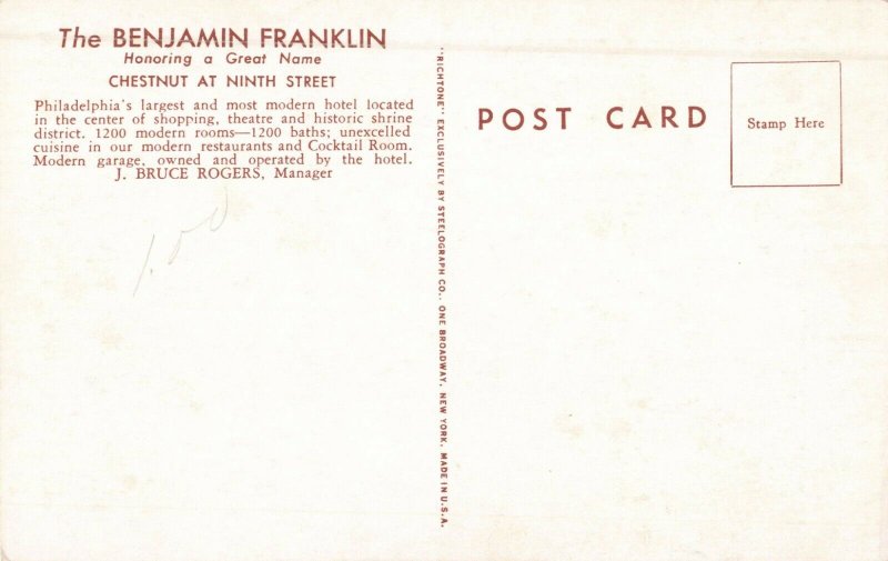 Postcard The Benjamin Franklin Hotel Philadelphia Pennsylvania