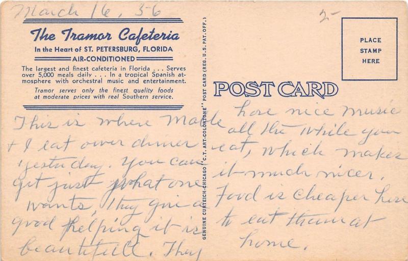 E18/ St Petersburg Florida Fl Postcard c1940s Tramor Cafeteria Cafe Interior