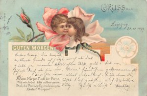 Guten Morgen 1899 Boy and Girl as Anthropomorphic Roses Flowers postcard C360