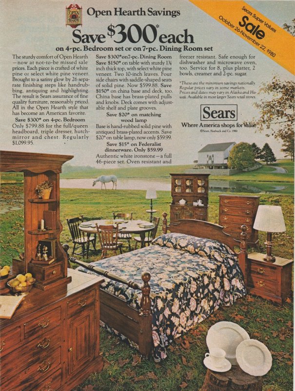 1980 Color Print Ad, Sears Open Hearth Furniture,  Bedroom, Dining Sets on Sale