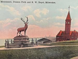 Postcard Hand Tinted Elk Monument, Juneau Park, N.W. Depot , Milwaukee, WI.  X6