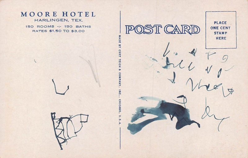 HARLINGEN TEXAS MOORE HOTEL-LOBBY-COFFEE SHOP-RATES $1.50-3.00~1920s POSTCARD