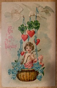 Vintage Victorian Postcard 1909 To My Valentine - Cupid in a Hanging Basket