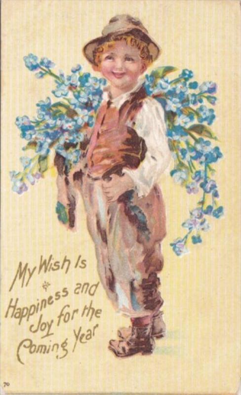 New Year Young Boy Carrying Bundle Of Blue Flowers