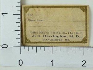 Victorian Prescription Bottle Label J.S Herrington, M.D. Manchester, MO F30